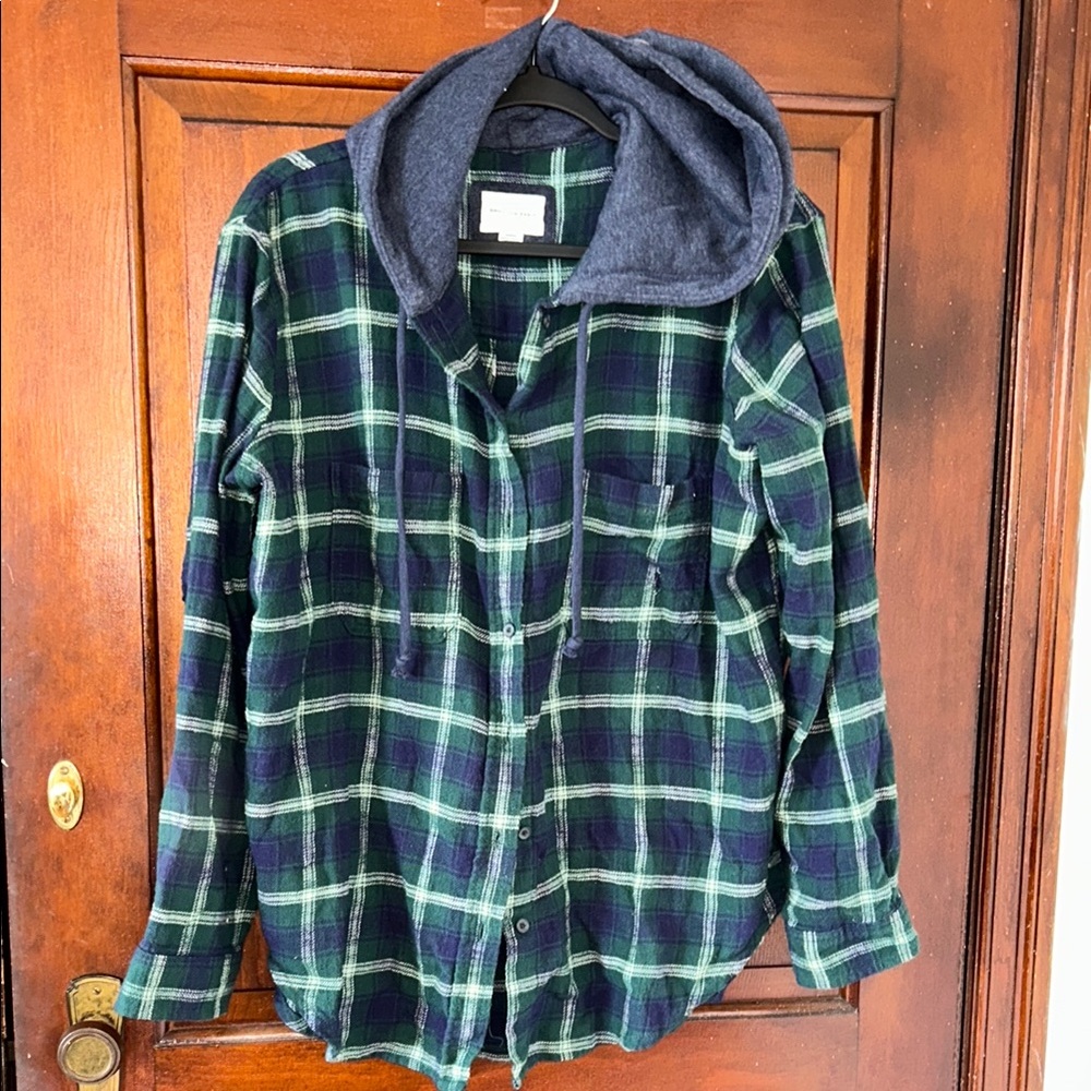 Plaid Hooded Shirt/jacket in Green and Blue